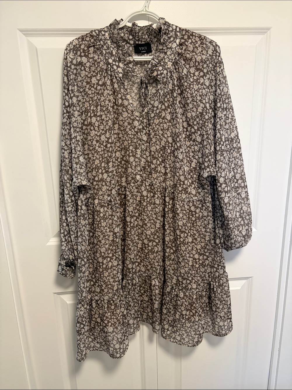 2 for $30 - Vici - Taupe and White Floral Ruffle Tunic Dress